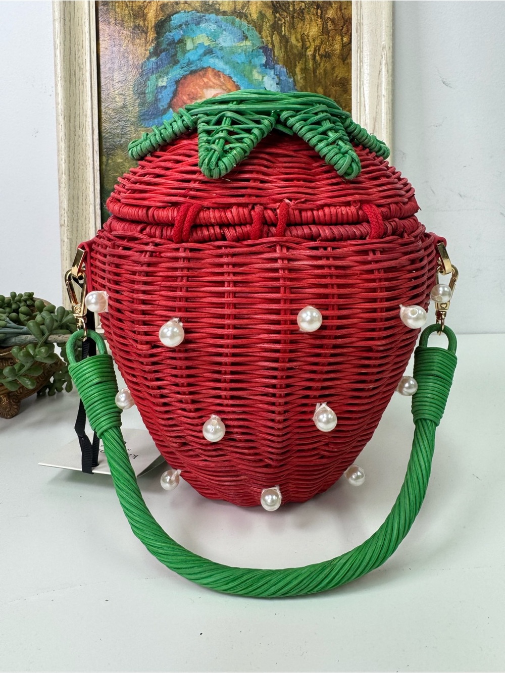 Kate Spade New York X Target Pearl Embellished Strawberry Wicker Basket Bag NWT - Picture 3 of 10
